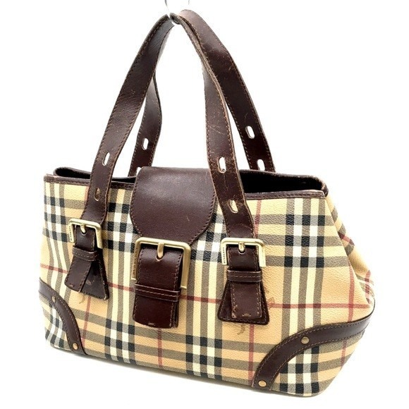 Burberry Brown Leather Harmarket Nova Check‎ Coated Canvas Small Buckle Tote Bag - Picture 1 of 8